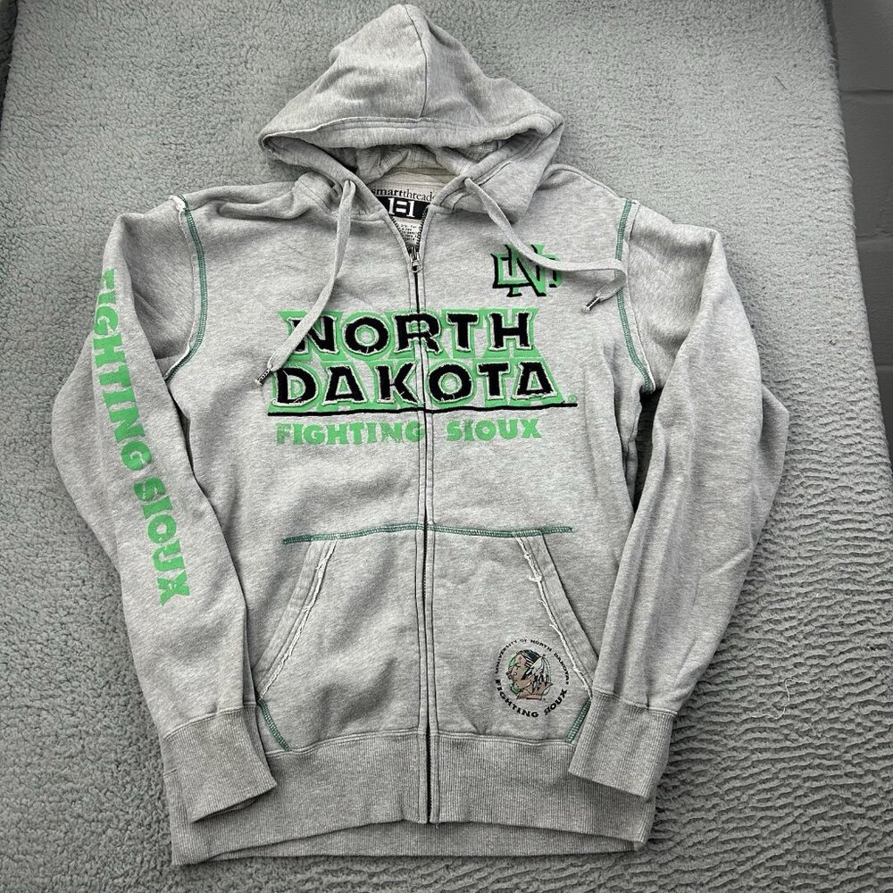 North Dakota Fighting Sioux Full Zip Gray Sweatshirt Hoodie Sz Small UND Hockey
